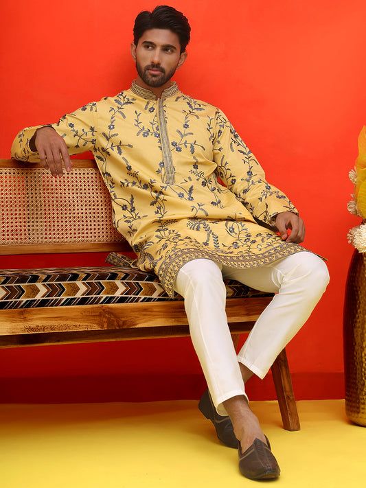 Chikankari Embroidered Kurta Pyjama For Men ( JOKP P 5221 Yellow )