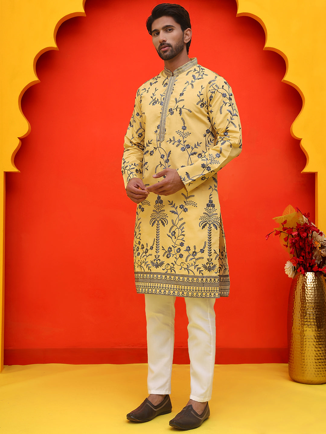 Chikankari Embroidered Kurta Pyjama For Men ( JOKP P 5221 Yellow )