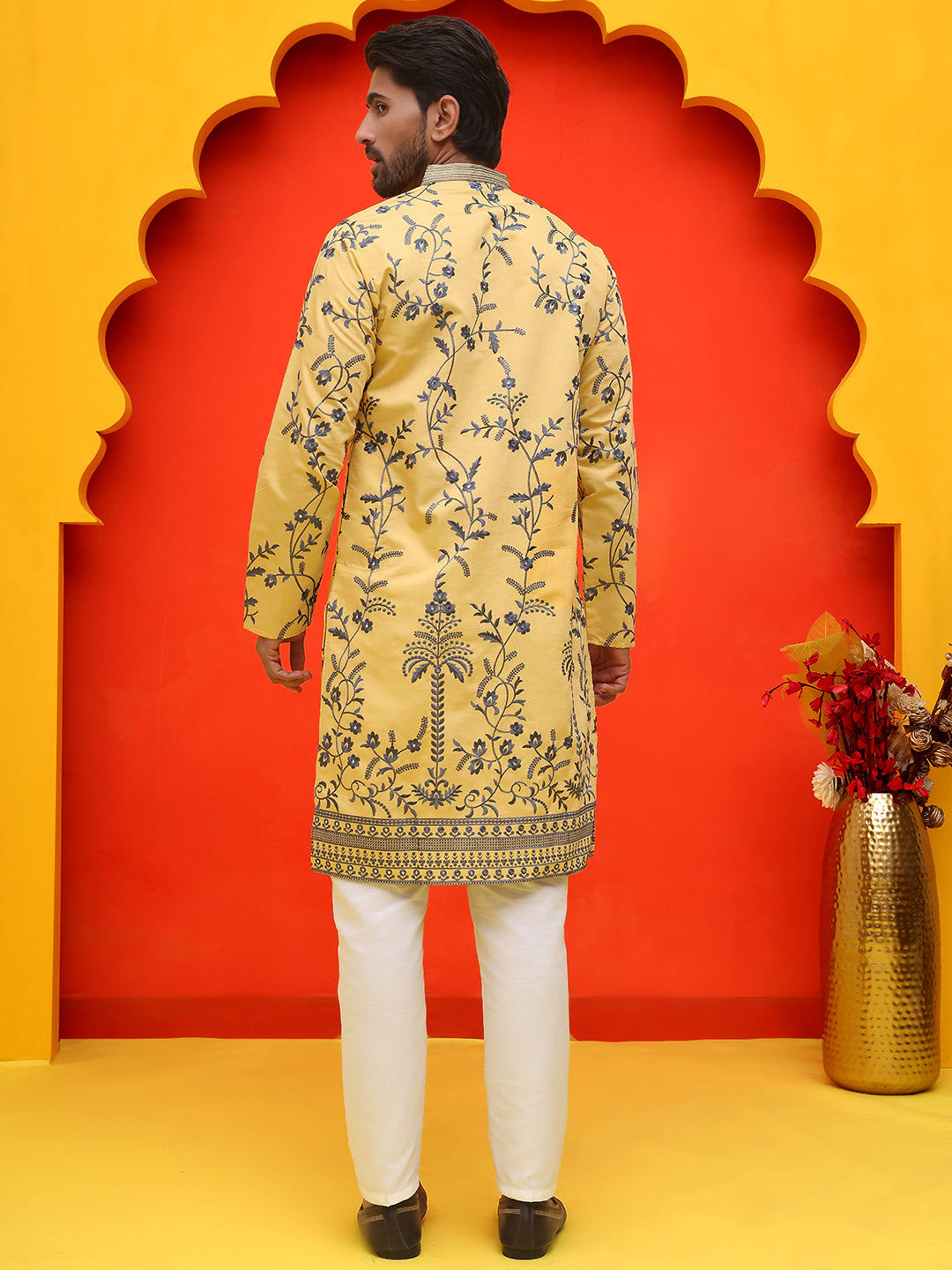 Chikankari Embroidered Kurta Pyjama For Men ( JOKP P 5221 Yellow )