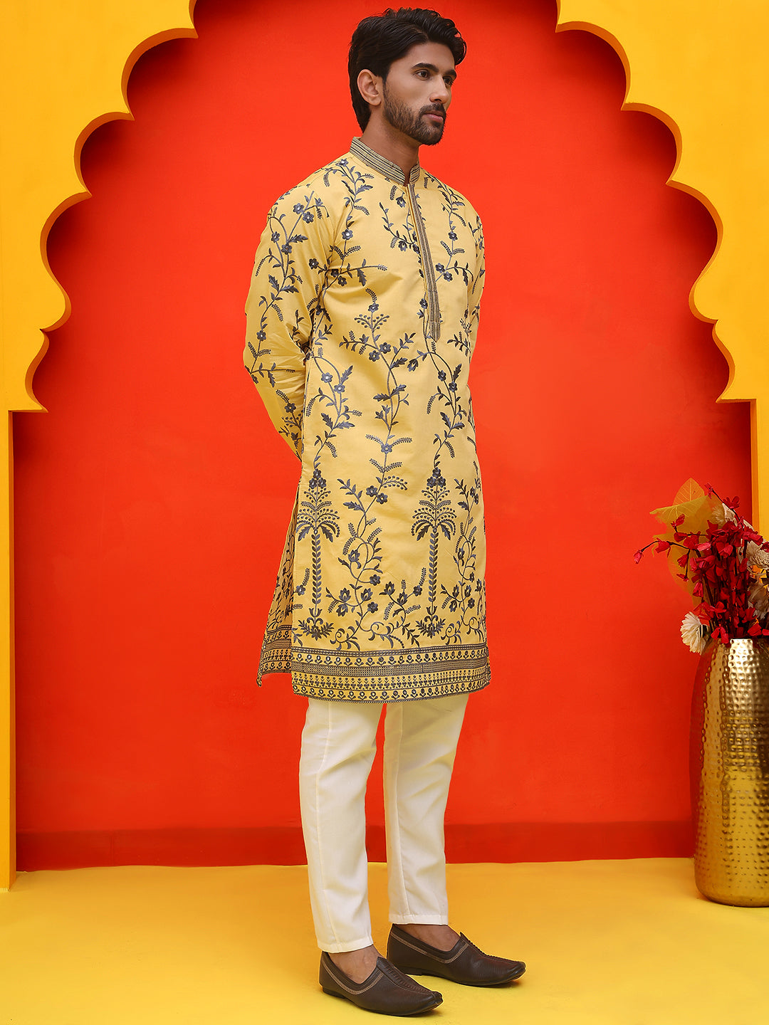 Chikankari Embroidered Kurta Pyjama For Men ( JOKP P 5221 Yellow )