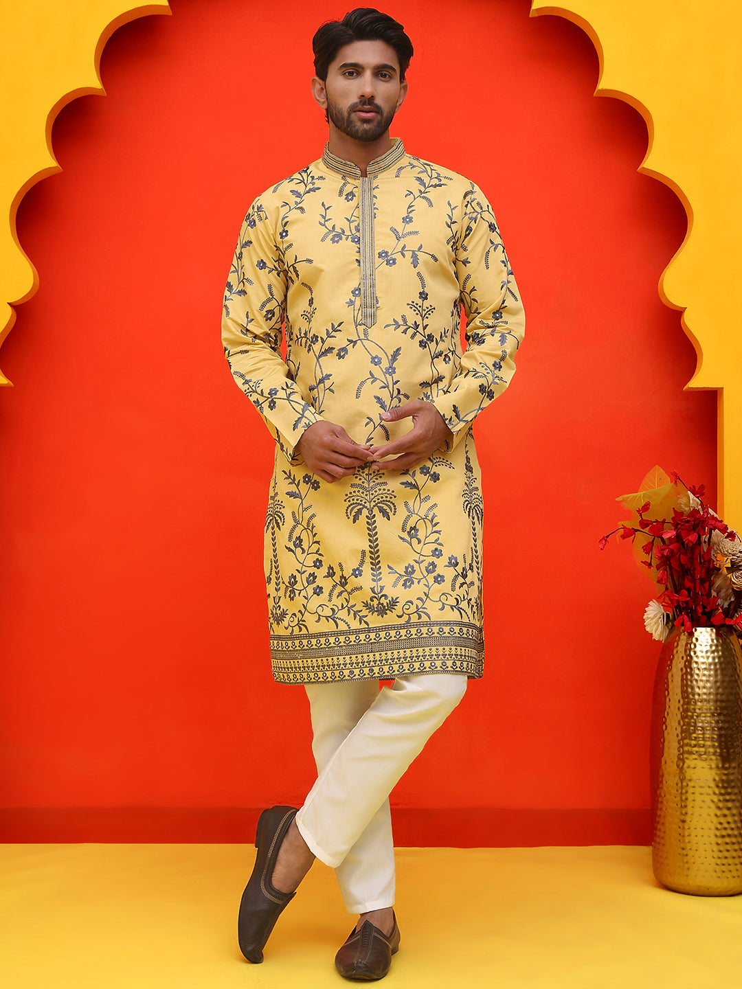 Chikankari Embroidered Kurta Pyjama For Men ( JOKP P 5221 Yellow )