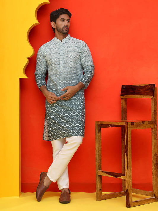 Ombre Printed & Embroidered Kurta Pyjama Set ( JOKP P 5222 Blue )