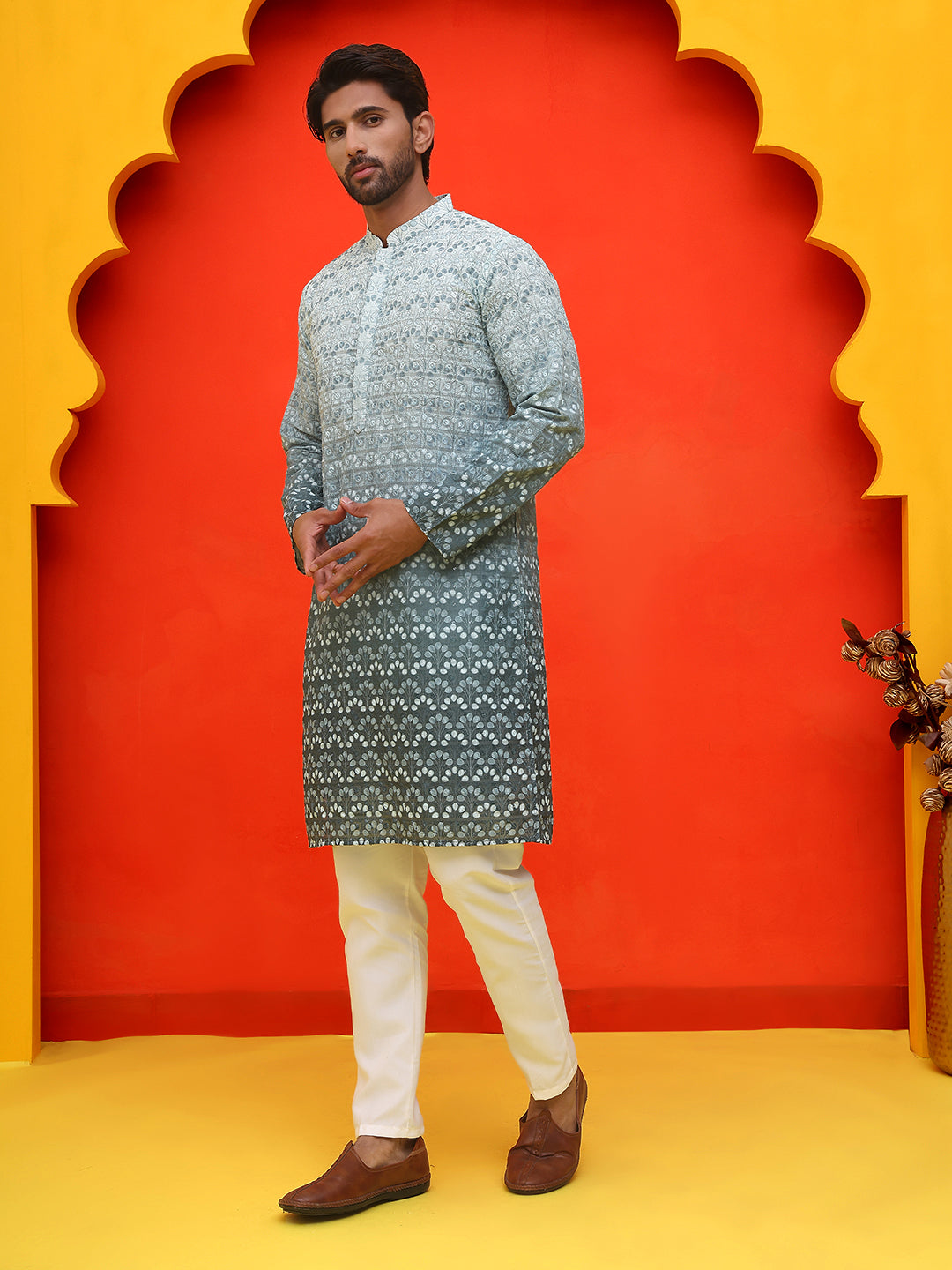 Ombre Printed & Embroidered Kurta Pyjama Set ( JOKP P 5222 Blue )