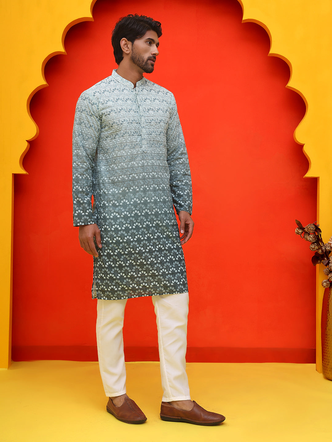 Ombre Printed & Embroidered Kurta Pyjama Set ( JOKP P 5222 Blue )