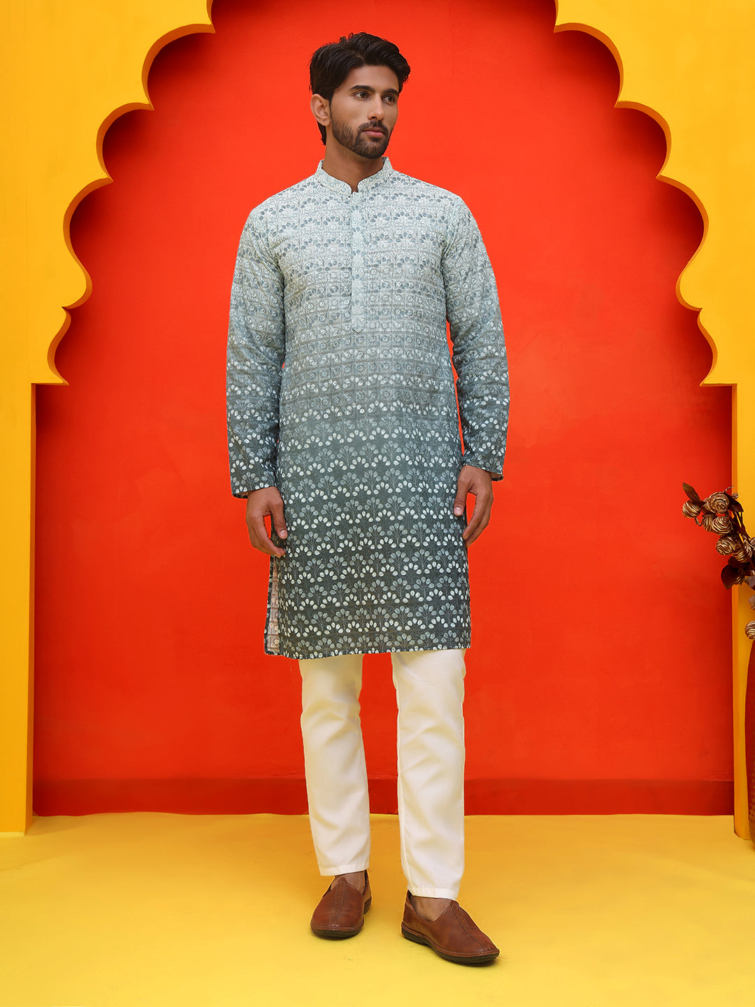 Ombre Printed & Embroidered Kurta Pyjama Set ( JOKP P 5222 Blue )
