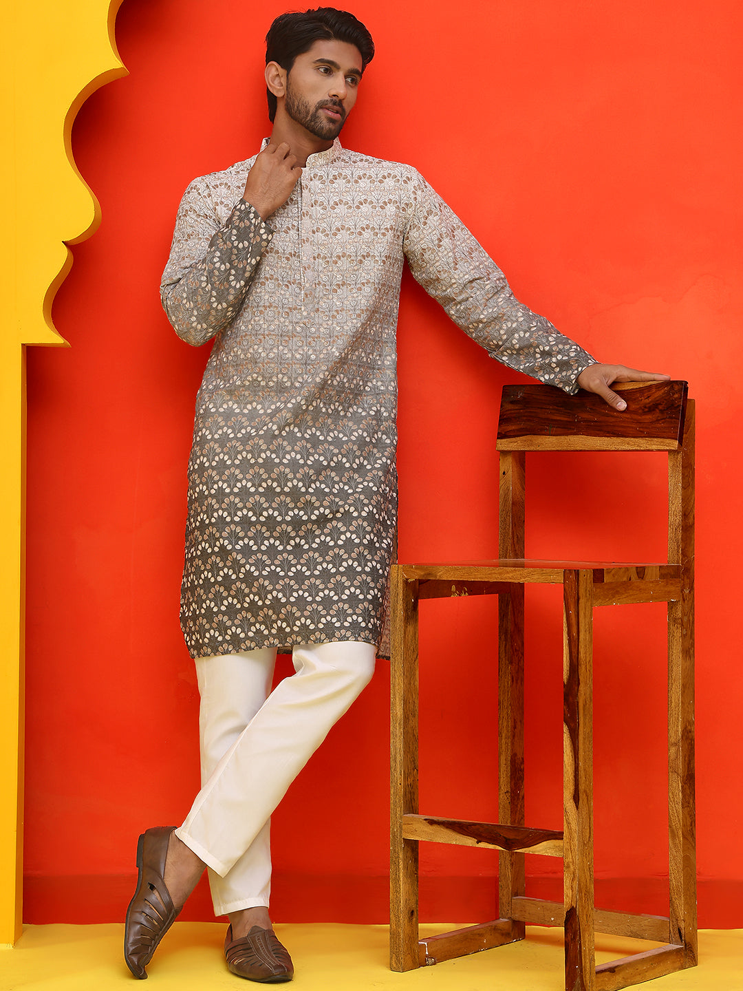 Ombre Printed & Embroidered Kurta Pyjama Set ( JOKP P 5222 Grey )