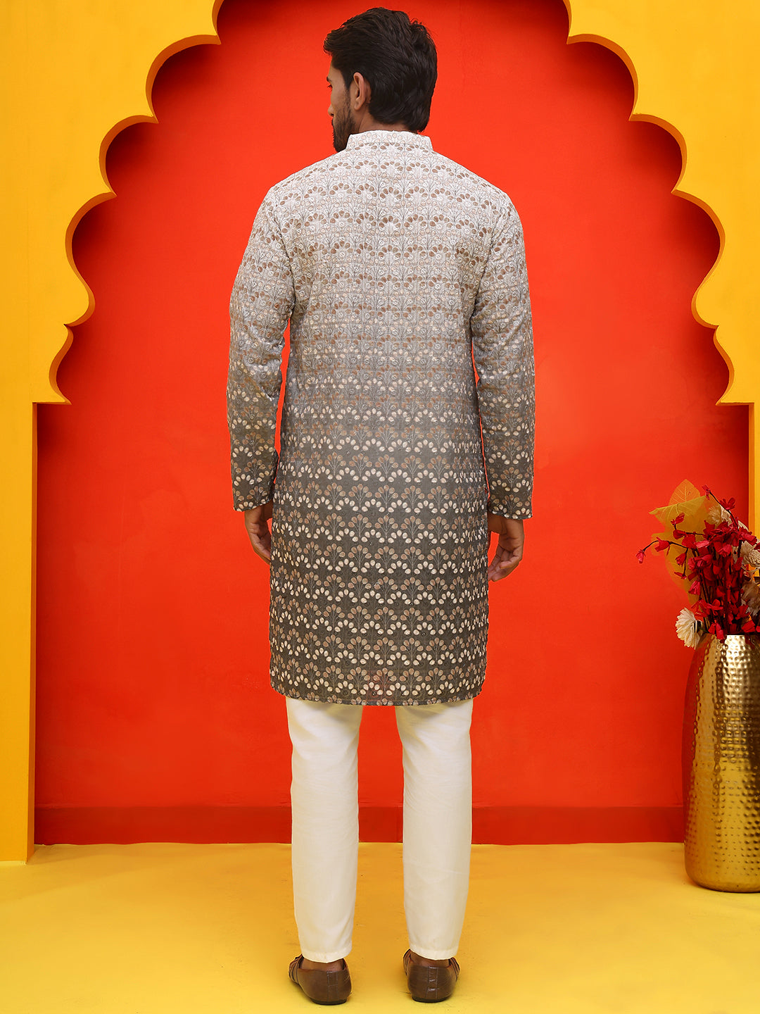 Ombre Printed & Embroidered Kurta Pyjama Set ( JOKP P 5222 Grey )