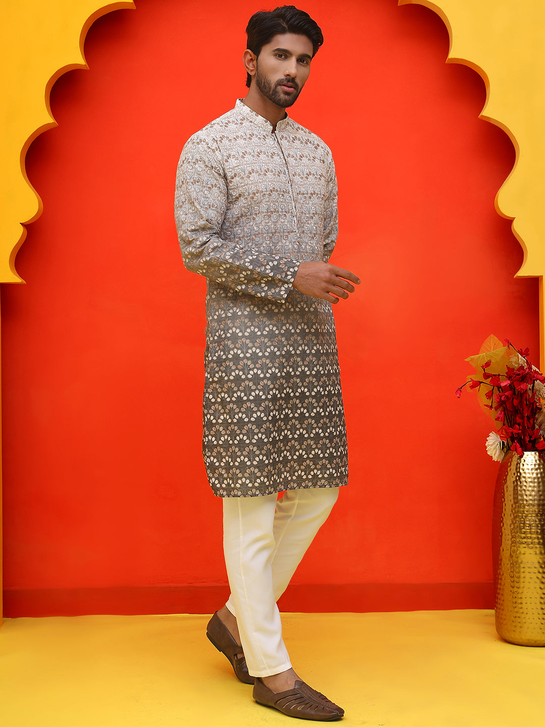 Ombre Printed & Embroidered Kurta Pyjama Set ( JOKP P 5222 Grey )