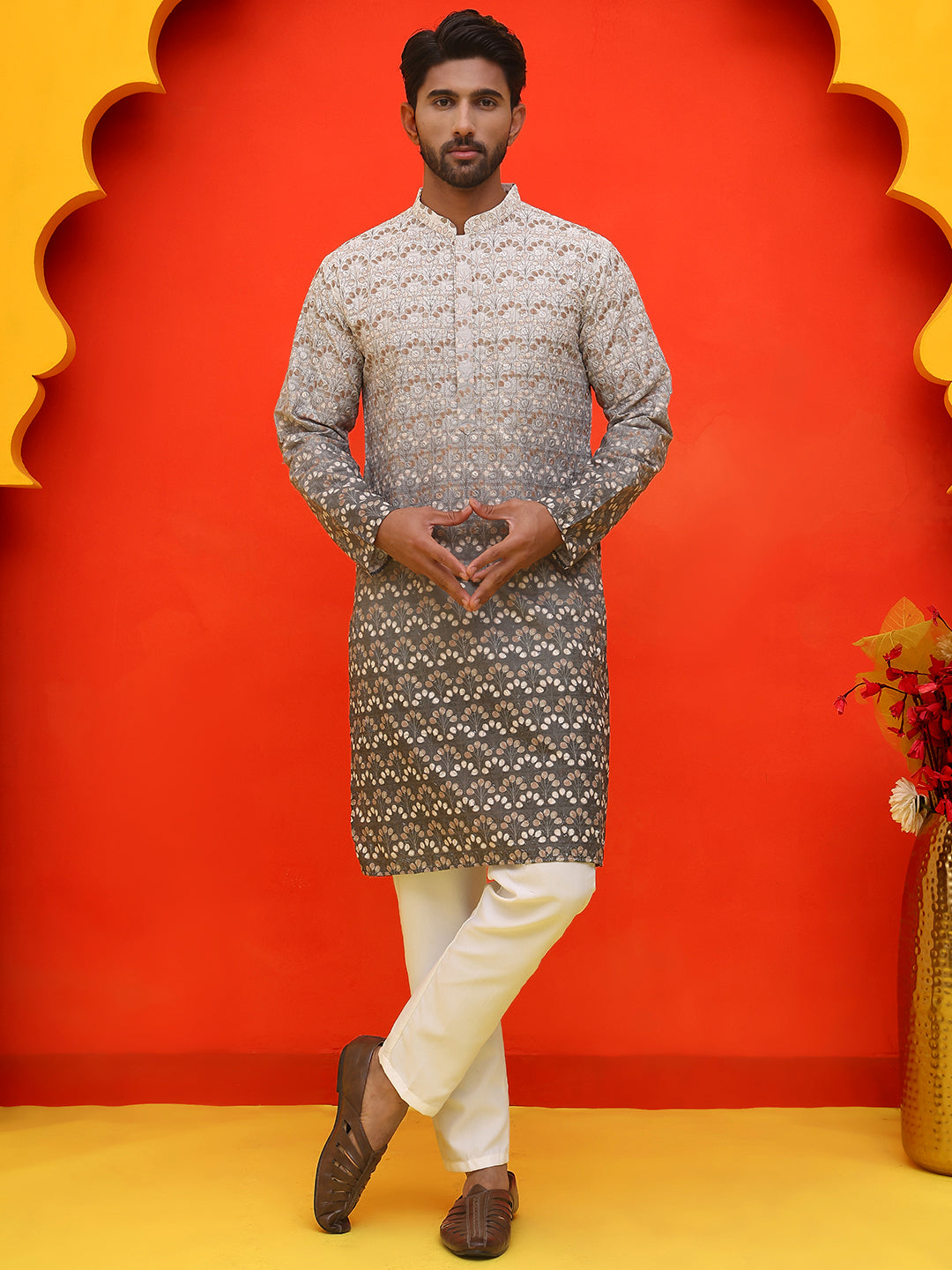 Ombre Printed & Embroidered Kurta Pyjama Set ( JOKP P 5222 Grey )