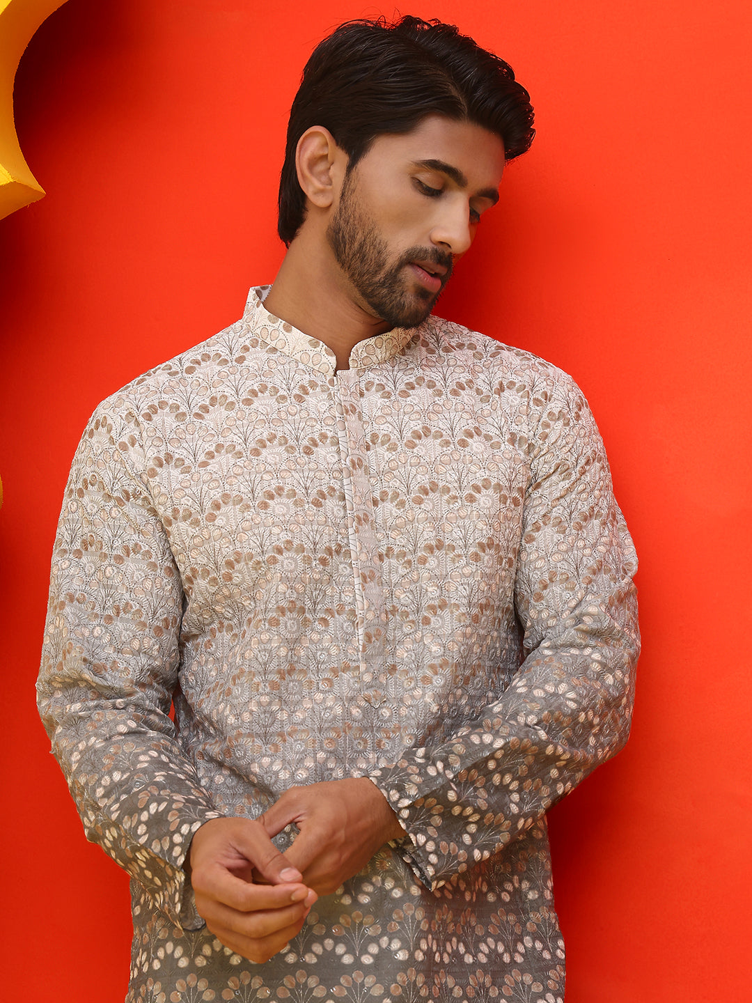 Ombre Printed & Embroidered Kurta Pyjama Set ( JOKP P 5222 Grey )