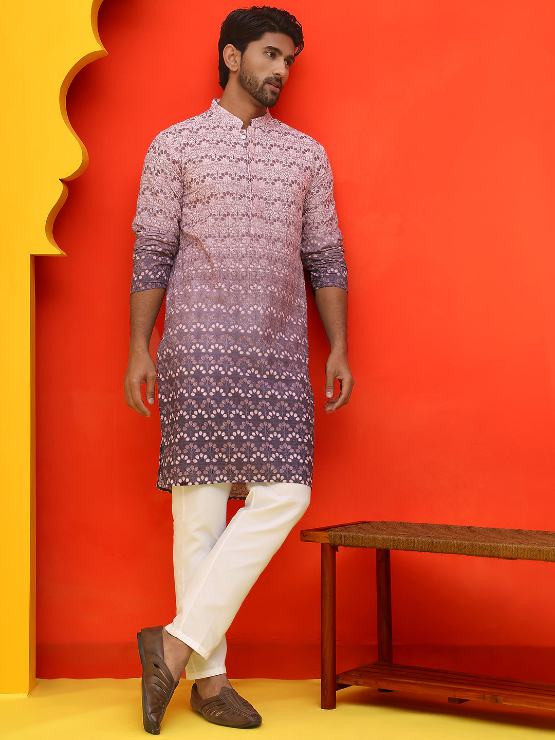 Ombre Printed & Embroidered Kurta Pyjama Set ( JOKP P 5222 Purple )
