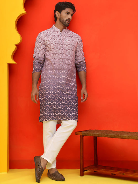 Ombre Printed & Embroidered Kurta Pyjama Set ( JOKP P 5222 Purple )