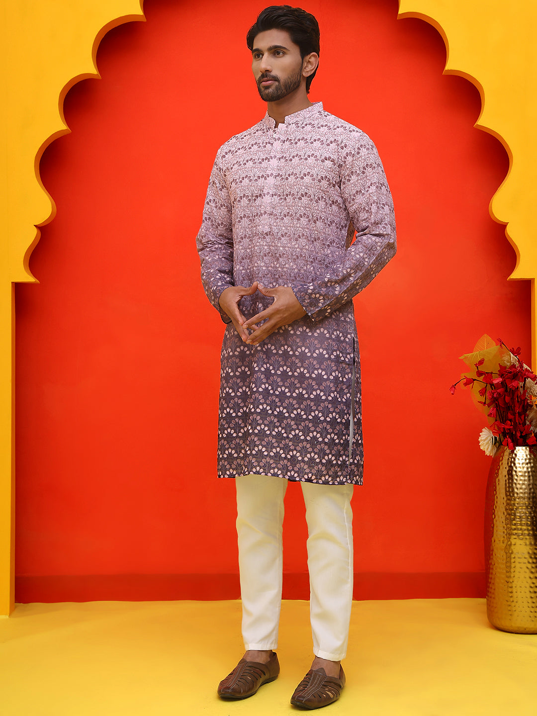 Ombre Printed & Embroidered Kurta Pyjama Set ( JOKP P 5222 Purple )