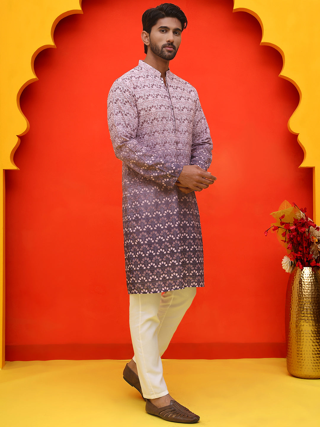 Ombre Printed & Embroidered Kurta Pyjama Set ( JOKP P 5222 Purple )