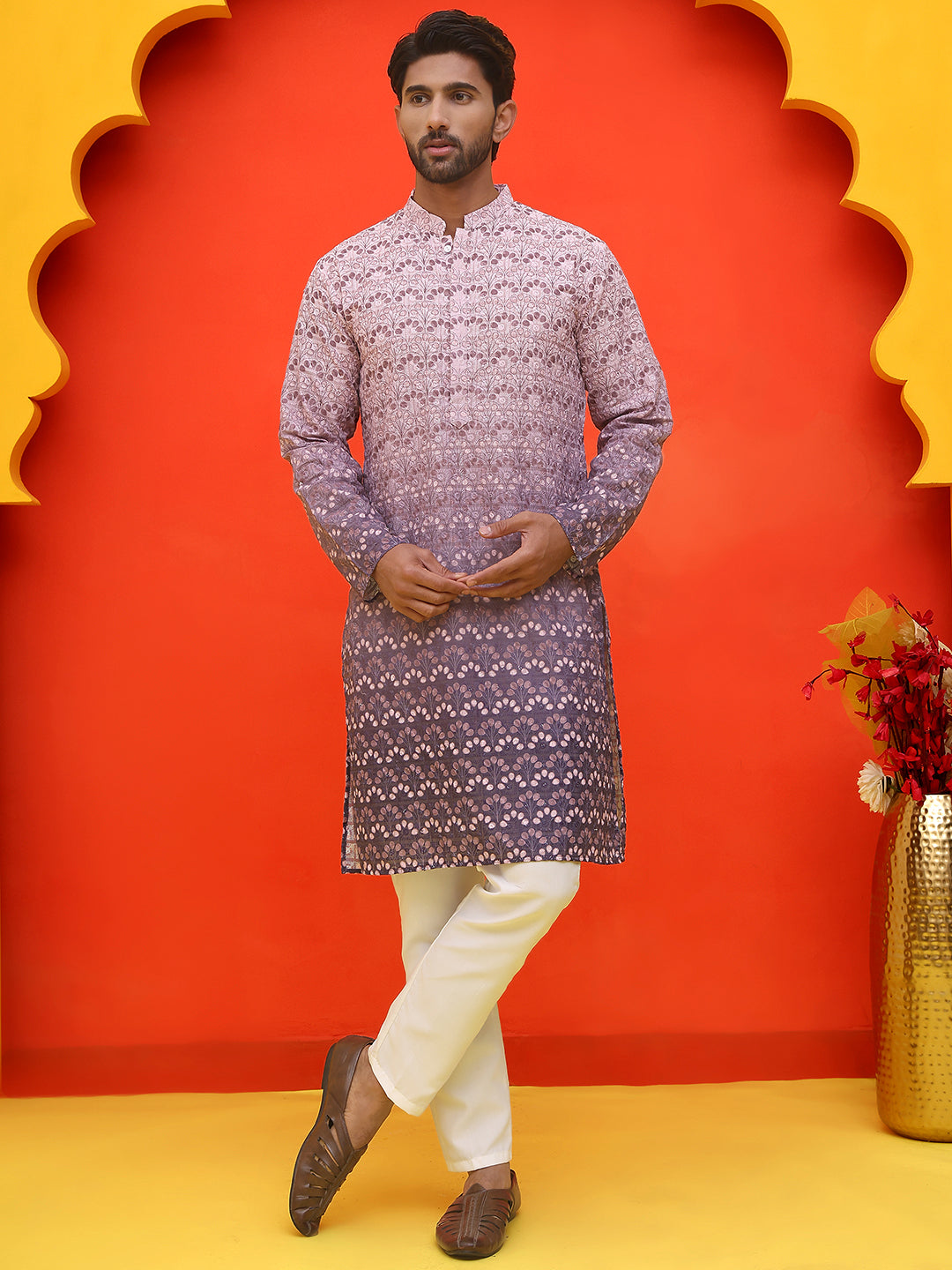 Ombre Printed & Embroidered Kurta Pyjama Set ( JOKP P 5222 Purple )