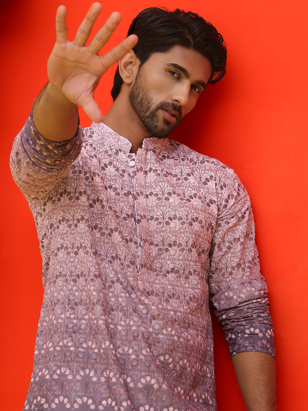 Ombre Printed & Embroidered Kurta Pyjama Set ( JOKP P 5222 Purple )