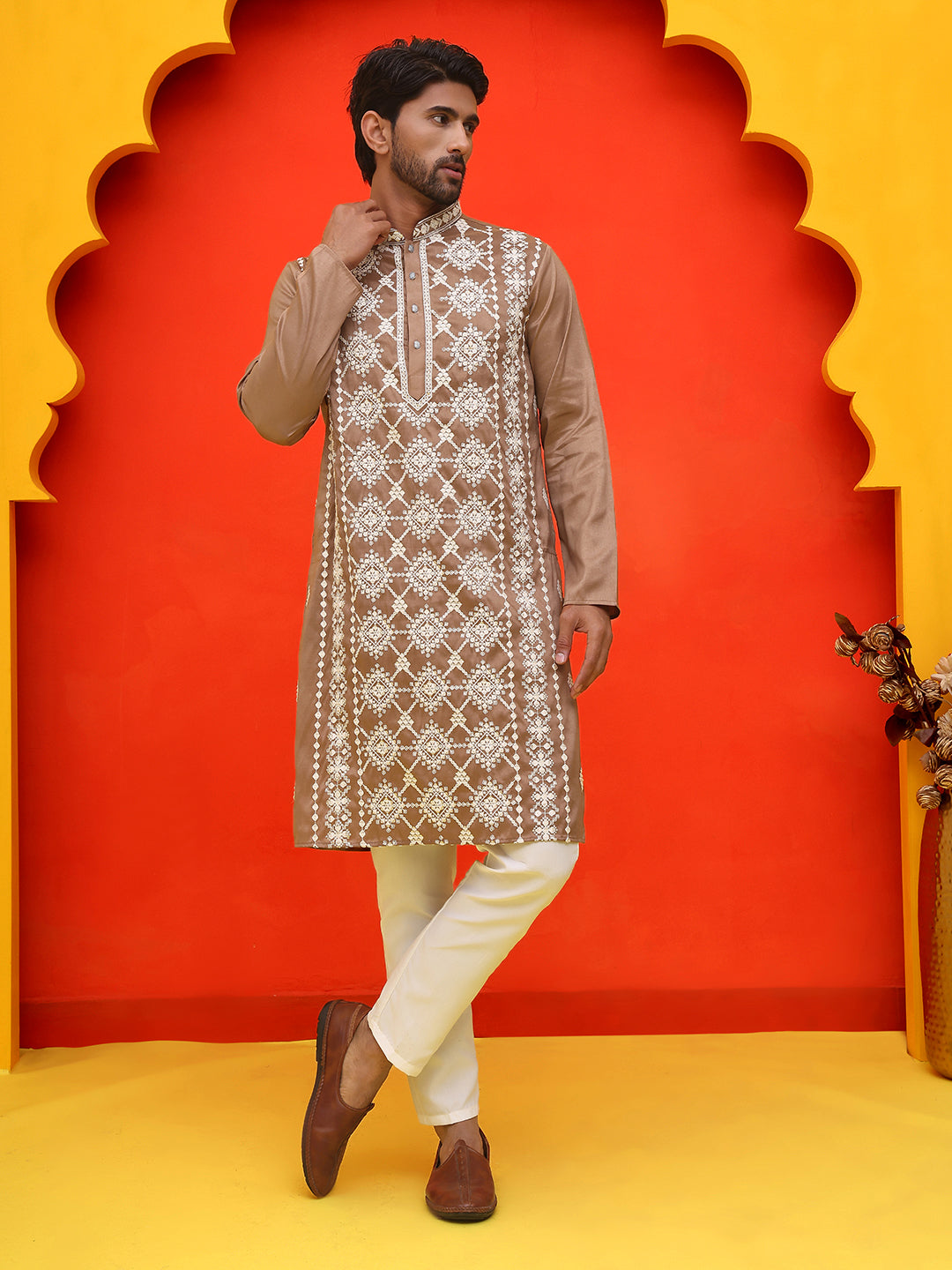 Embroidered Kurta Pyjama For Men ( JOKP P 5223 Brown )