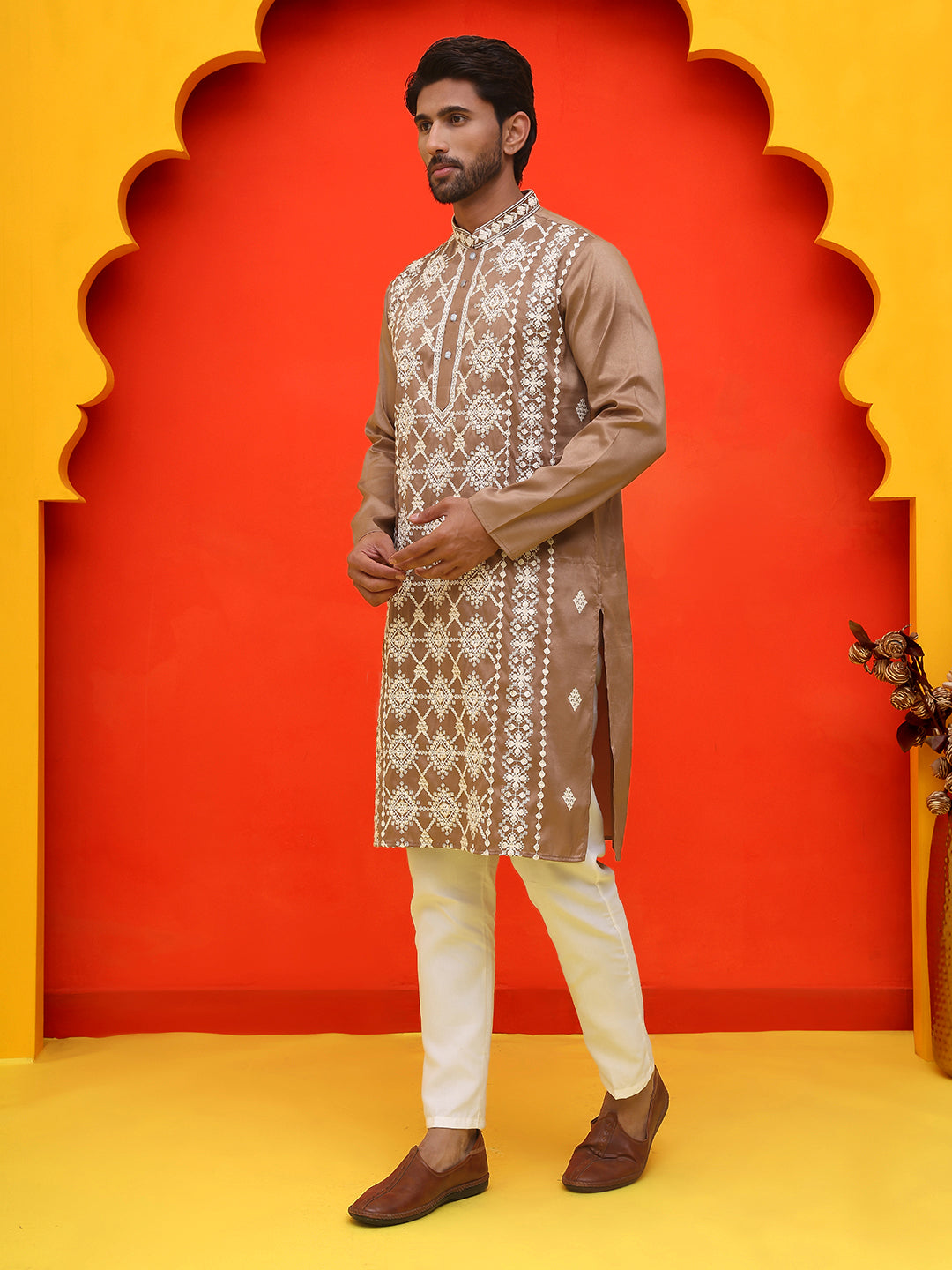 Embroidered Kurta Pyjama For Men ( JOKP P 5223 Brown )