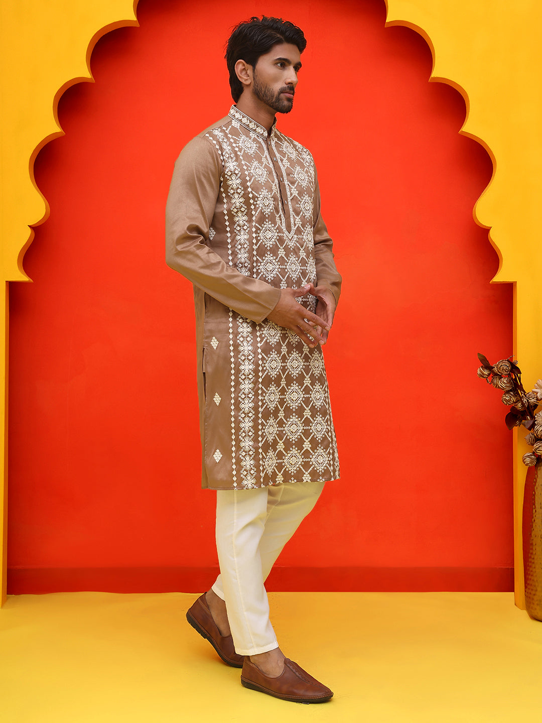 Embroidered Kurta Pyjama For Men ( JOKP P 5223 Brown )