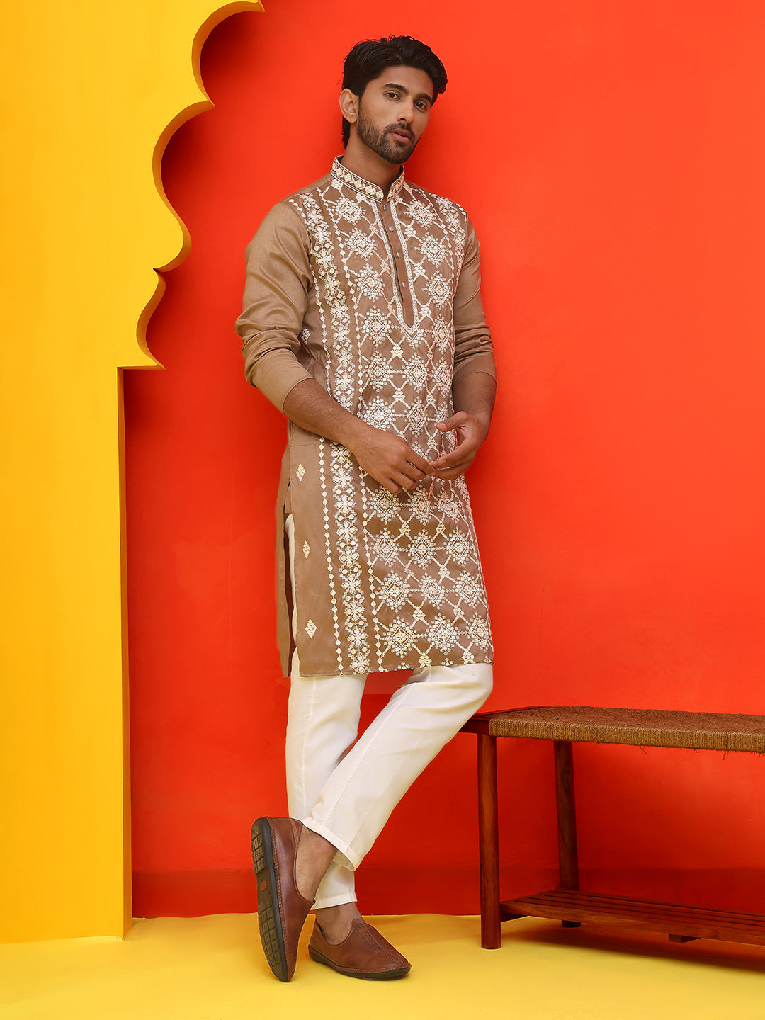 Embroidered Kurta Pyjama For Men ( JOKP P 5223 Brown )
