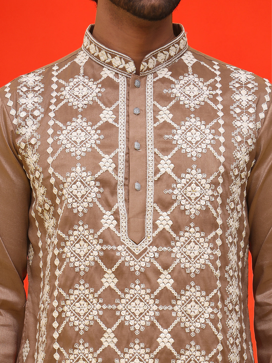 Embroidered Kurta Pyjama For Men ( JOKP P 5223 Brown )