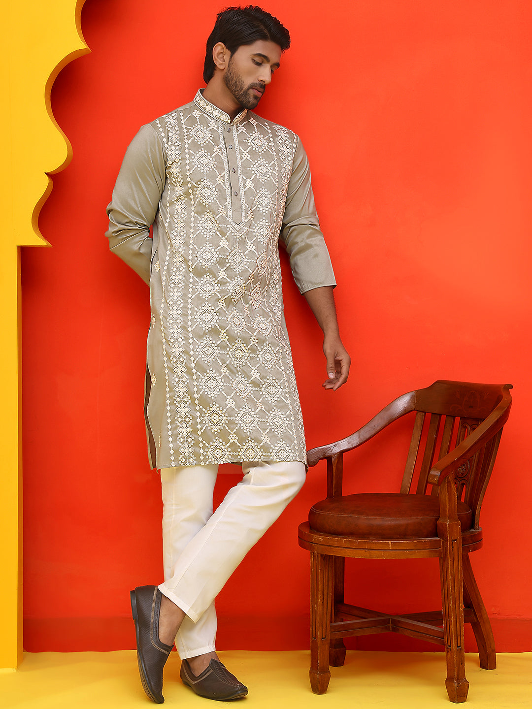 Embroidered Kurta Pyjama For Men ( JOKP P 5223 Grey )