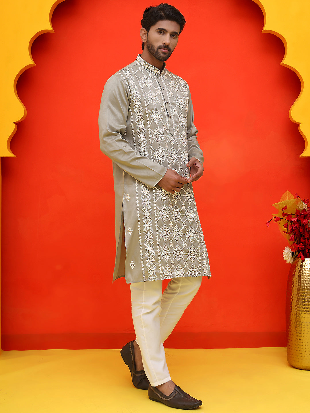 Embroidered Kurta Pyjama For Men ( JOKP P 5223 Grey )
