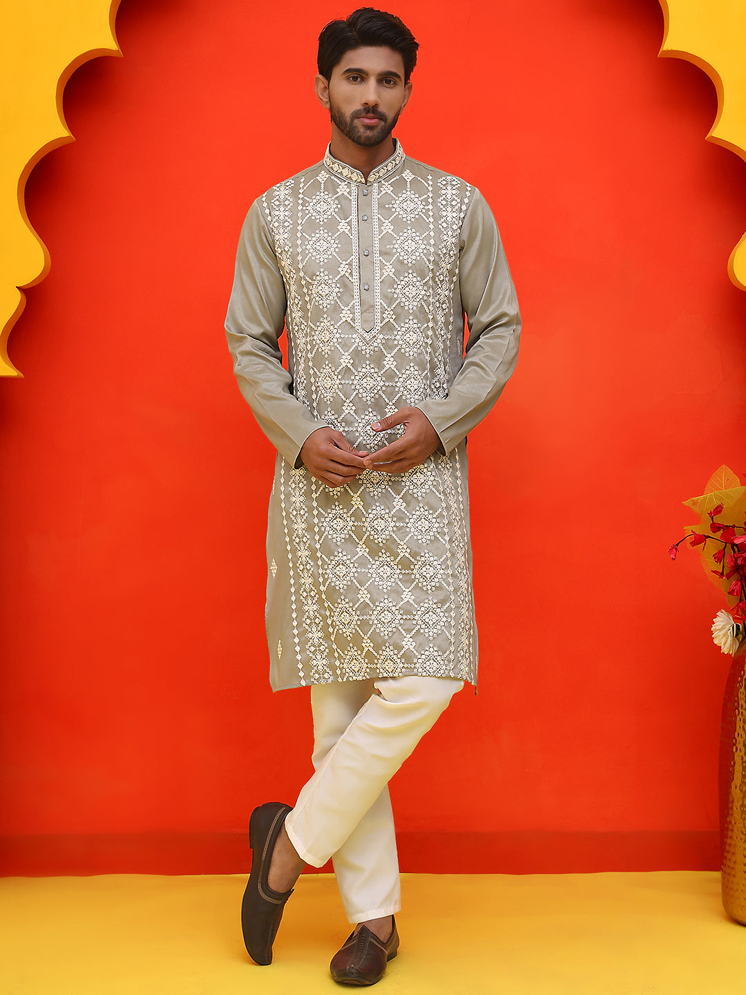 Embroidered Kurta Pyjama For Men ( JOKP P 5223 Grey )
