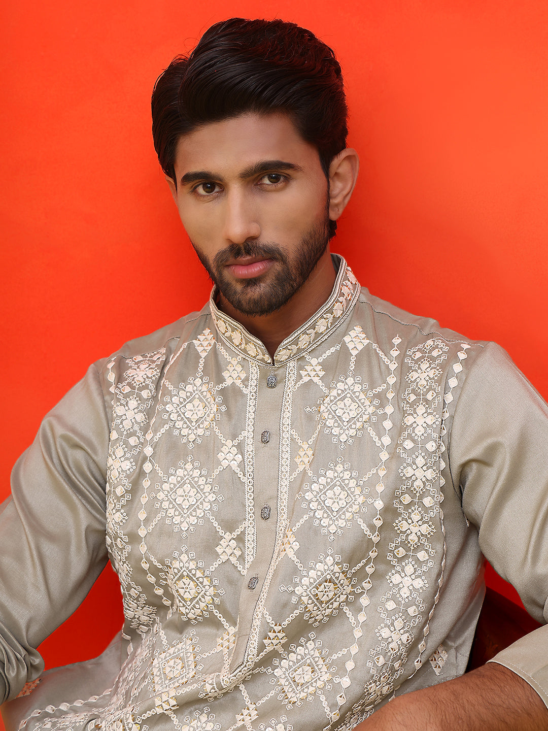 Embroidered Kurta Pyjama For Men ( JOKP P 5223 Grey )