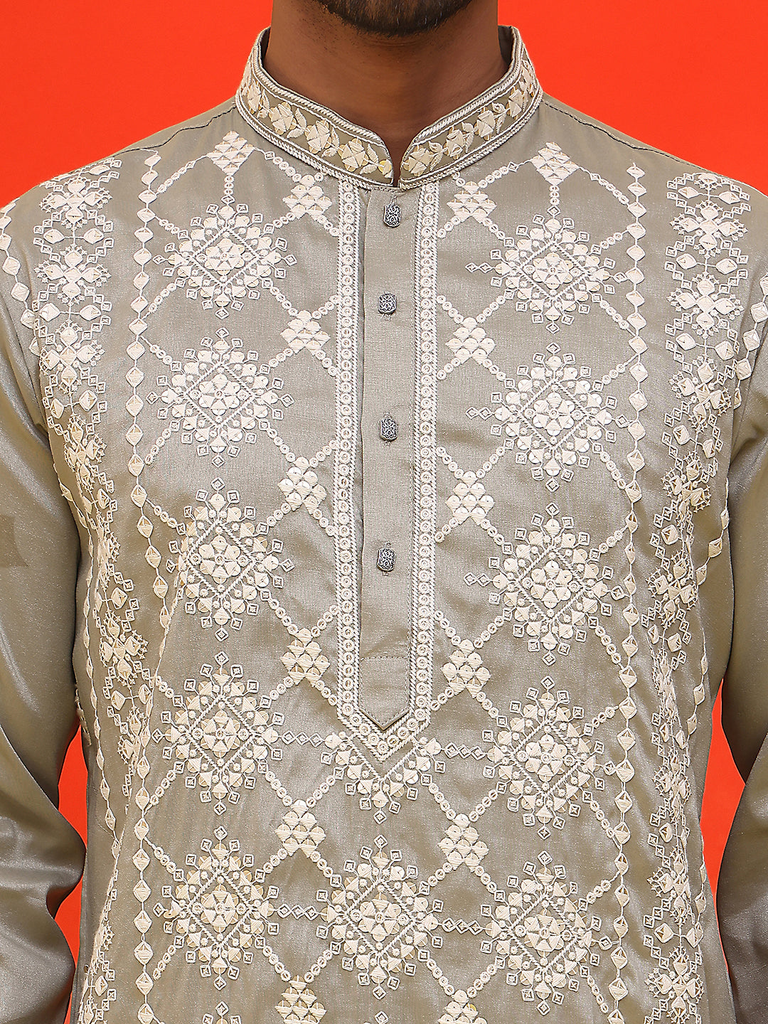Embroidered Kurta Pyjama For Men ( JOKP P 5223 Grey )