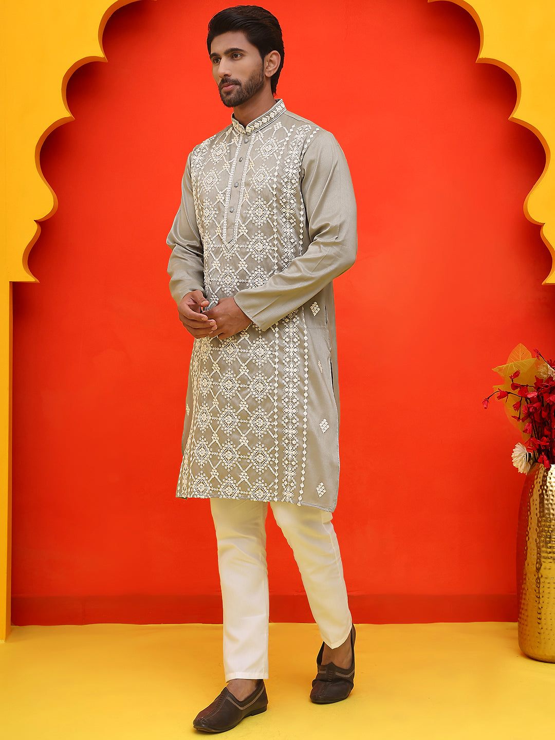 Embroidered Kurta Pyjama For Men ( JOKP P 5223 Grey )