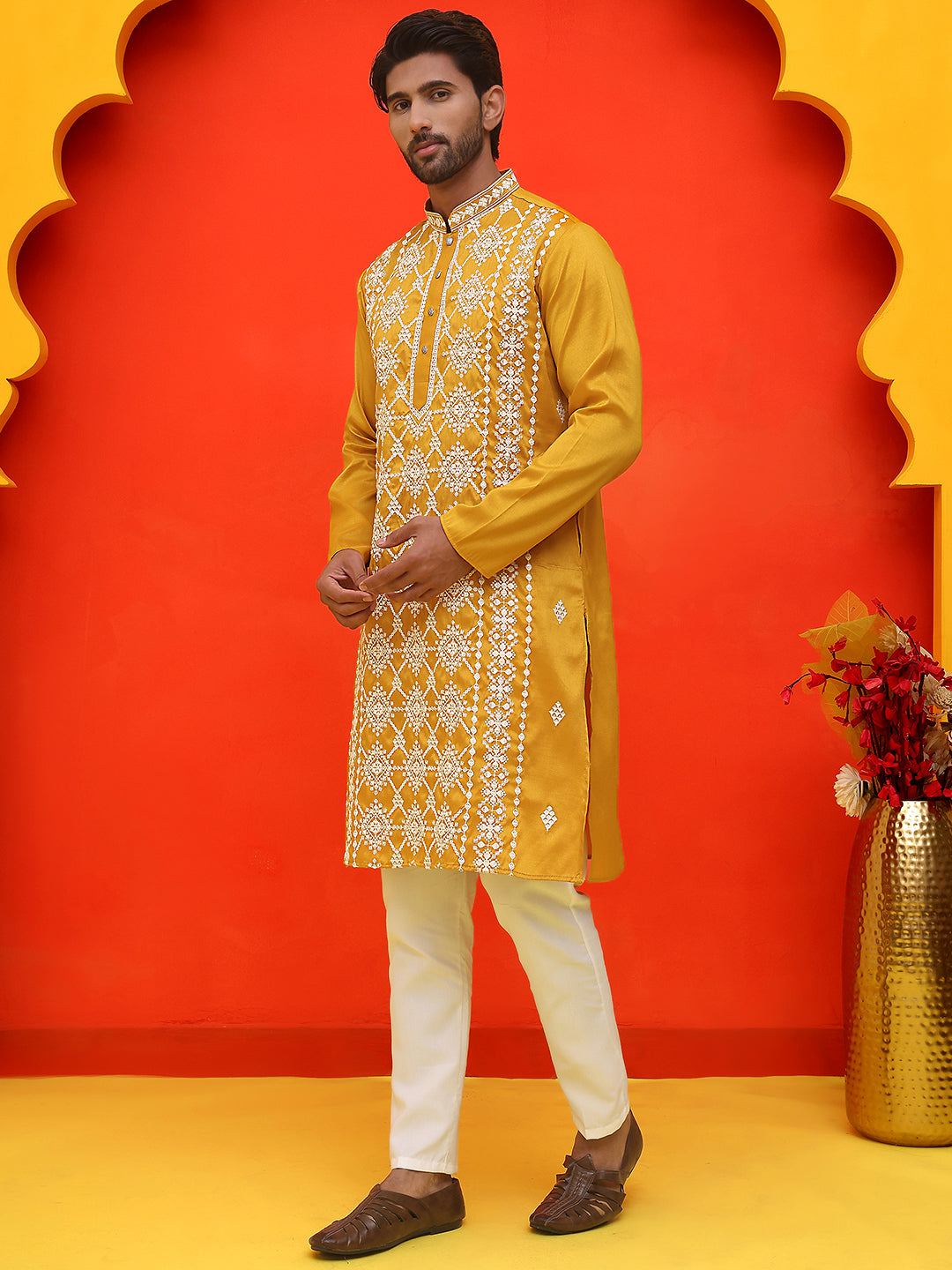 Embroidered Kurta Pyjama For Men ( JOKP P 5223 Mustard )