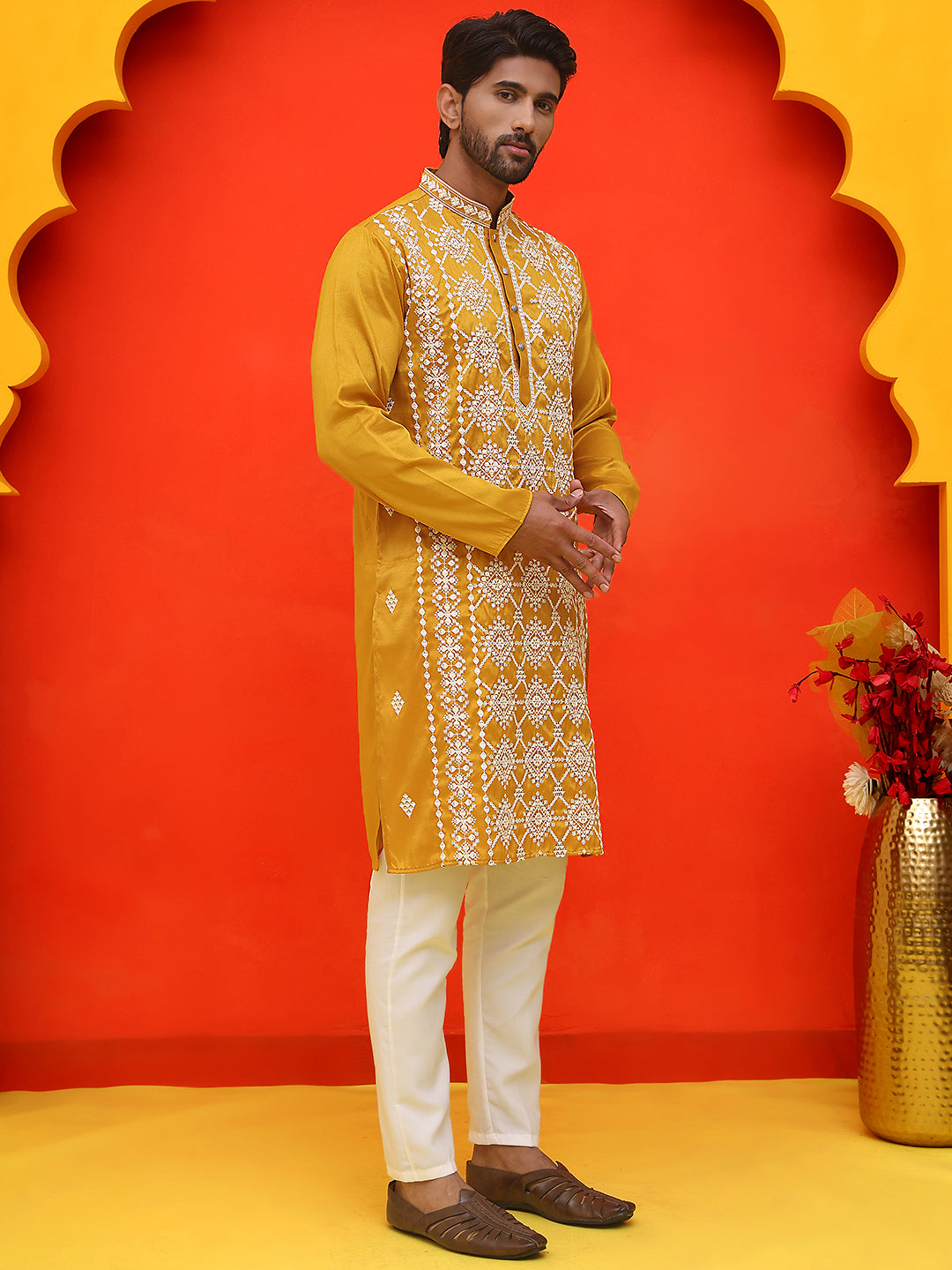 Embroidered Kurta Pyjama For Men ( JOKP P 5223 Mustard )