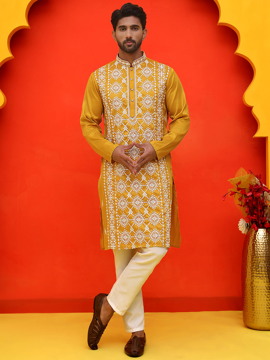 Embroidered Kurta Pyjama For Men ( JOKP P 5223 Mustard )