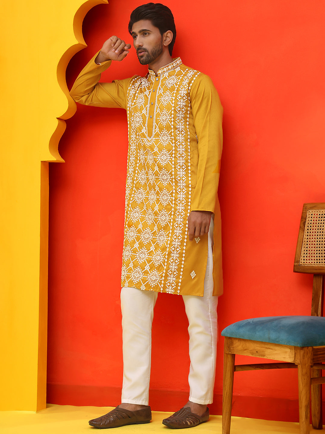 Embroidered Kurta Pyjama For Men ( JOKP P 5223 Mustard )