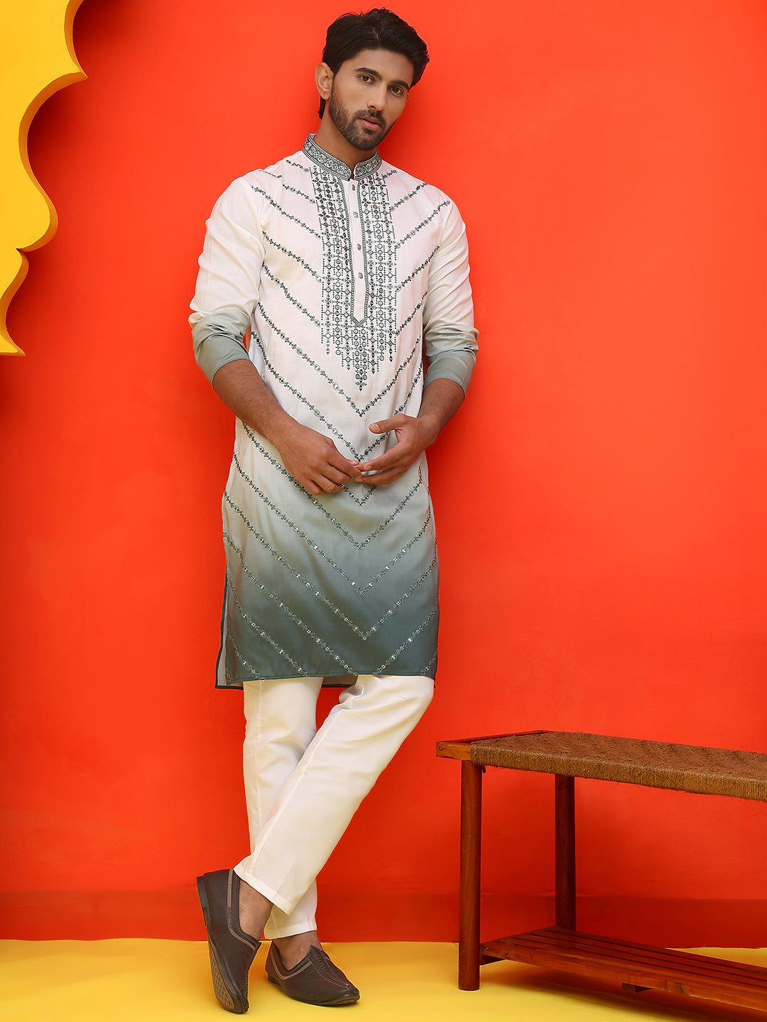 Ombre Printed & Embroidered Kurta Pyjama Set ( JOKP P 5224 Grey )