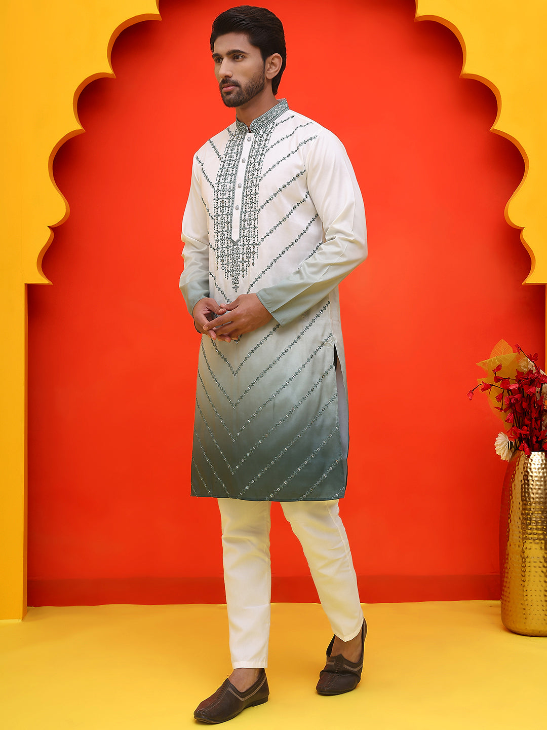 Ombre Printed & Embroidered Kurta Pyjama Set ( JOKP P 5224 Grey )