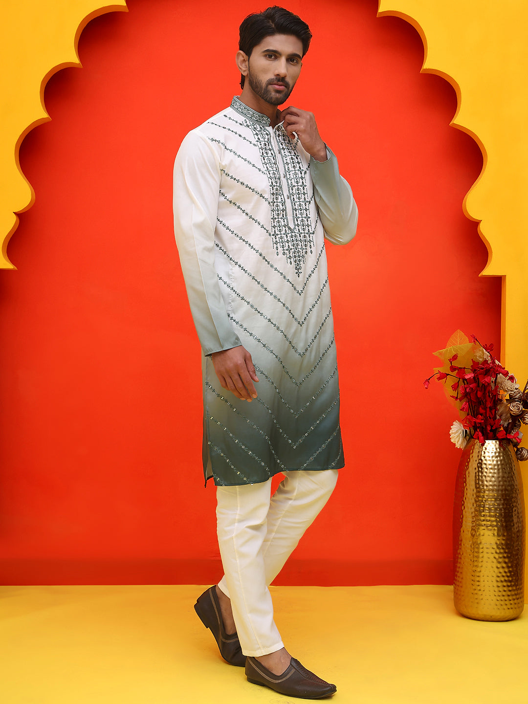Ombre Printed & Embroidered Kurta Pyjama Set ( JOKP P 5224 Grey )