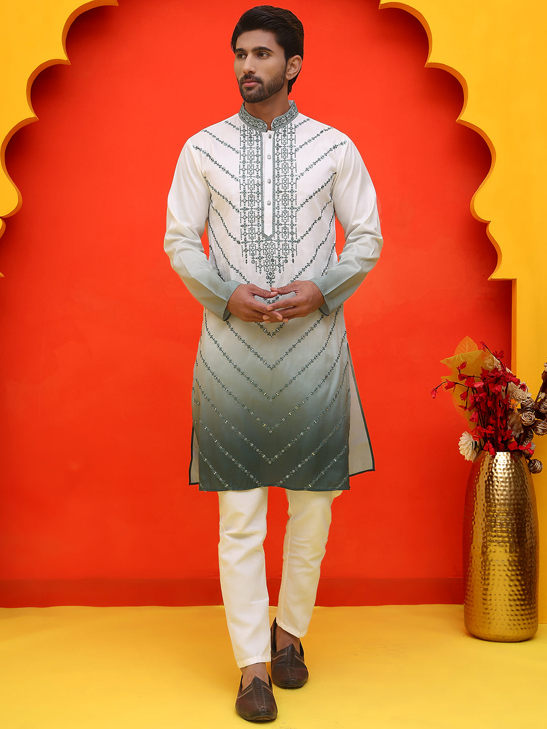 Ombre Printed & Embroidered Kurta Pyjama Set ( JOKP P 5224 Grey )