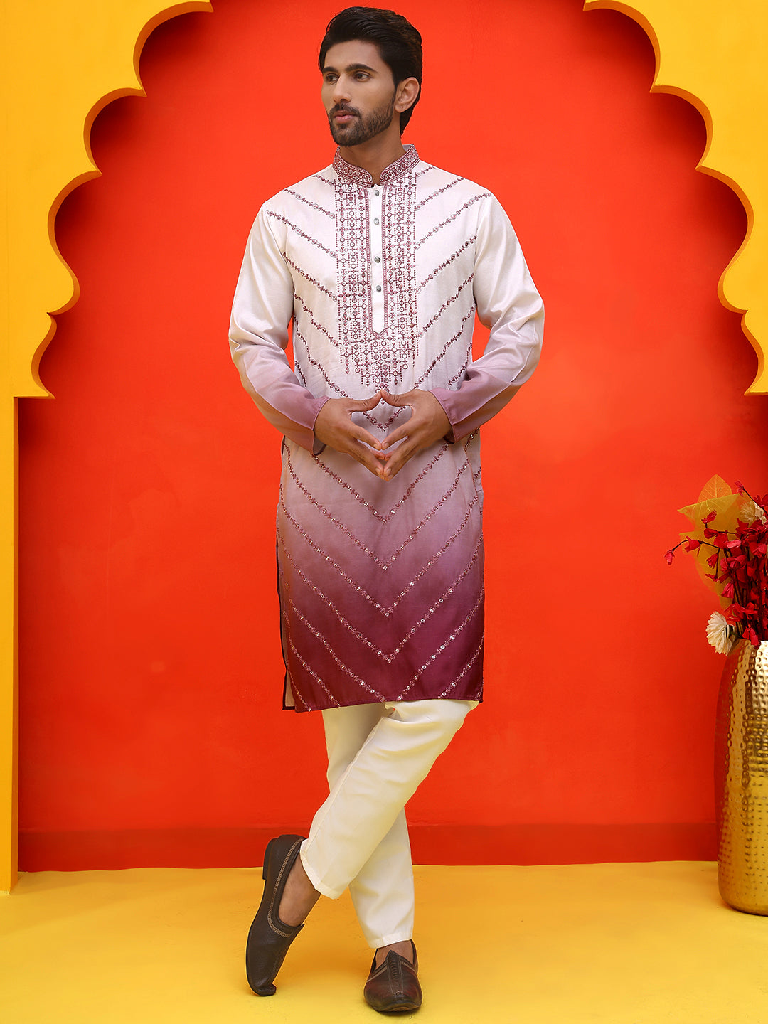 Ombre Printed & Embroidered Kurta Pyjama Set ( JOKP P 5224 Maroon )