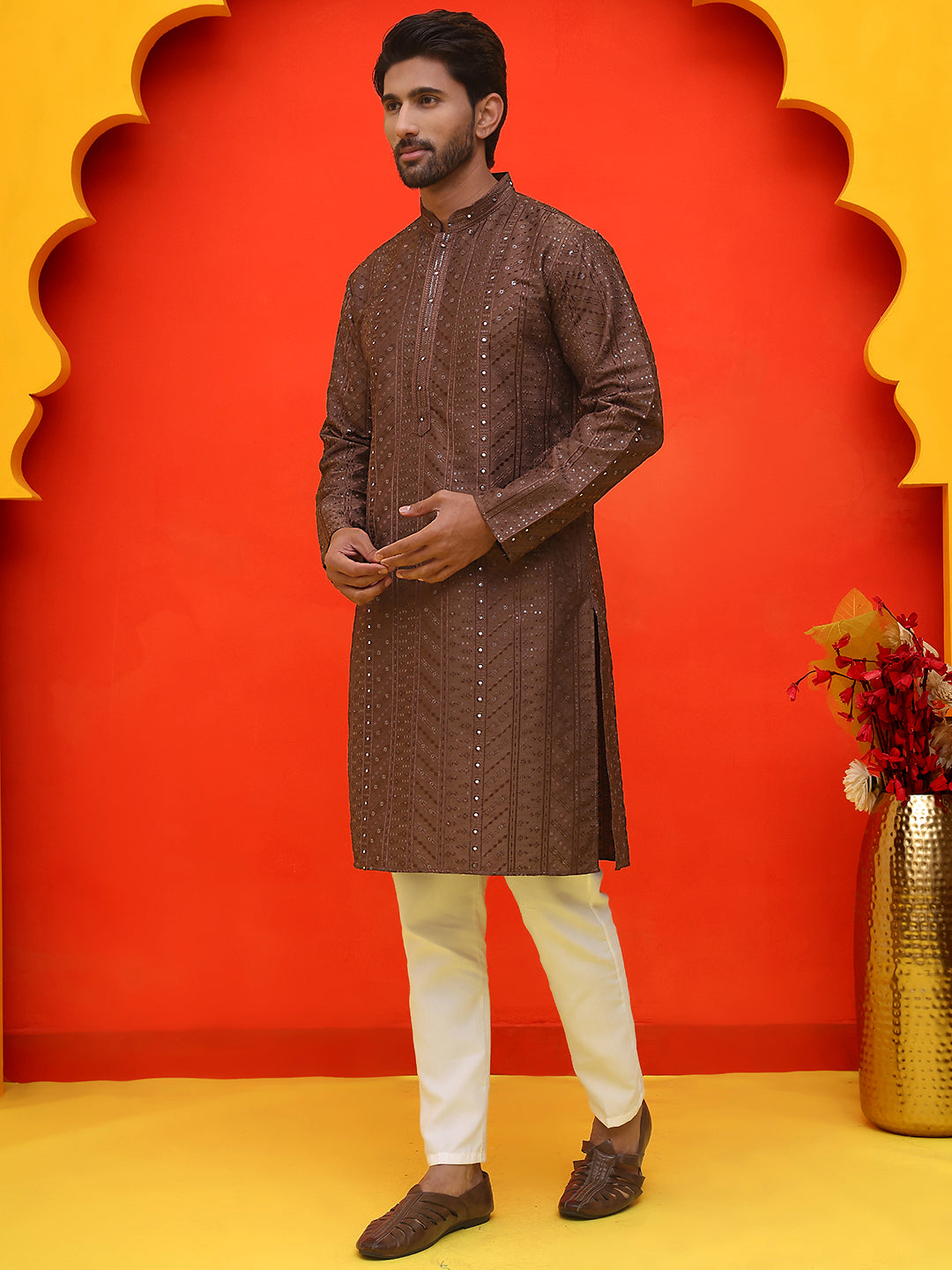 Embroidered straight Kurta Set For Men ( JOKP P 5225 Coffee )