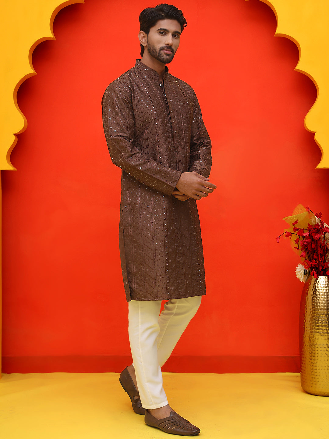 Embroidered straight Kurta Set For Men ( JOKP P 5225 Coffee )