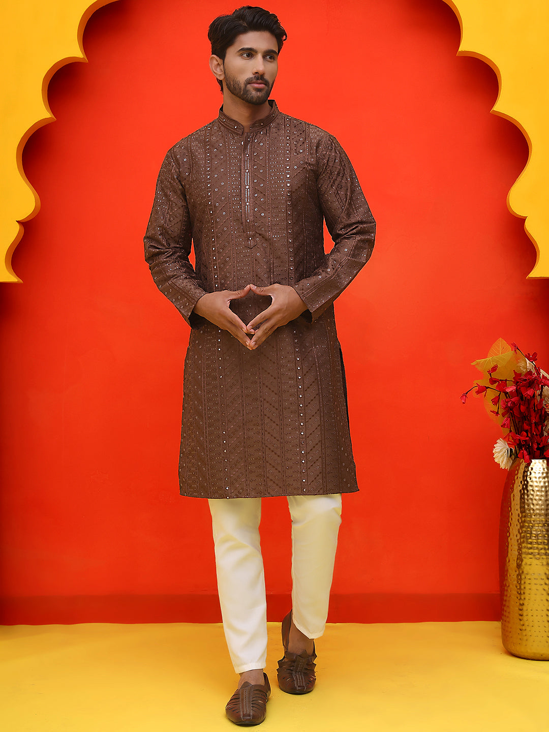 Embroidered straight Kurta Set For Men ( JOKP P 5225 Coffee )