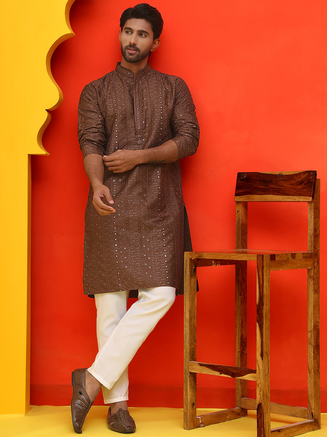 Embroidered straight Kurta Set For Men ( JOKP P 5225 Coffee )