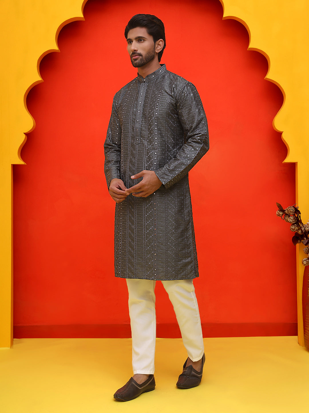 Embroidered straight Kurta Set For Men ( JOKP P 5225 Grey )