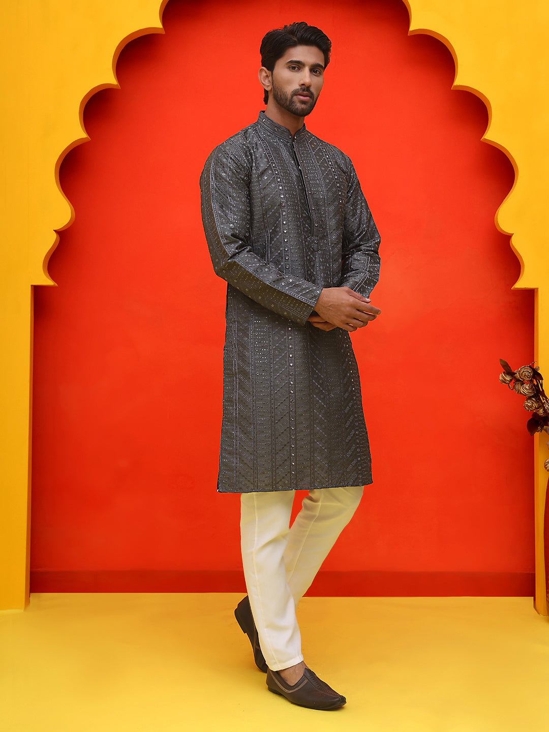 Embroidered straight Kurta Set For Men ( JOKP P 5225 Grey )
