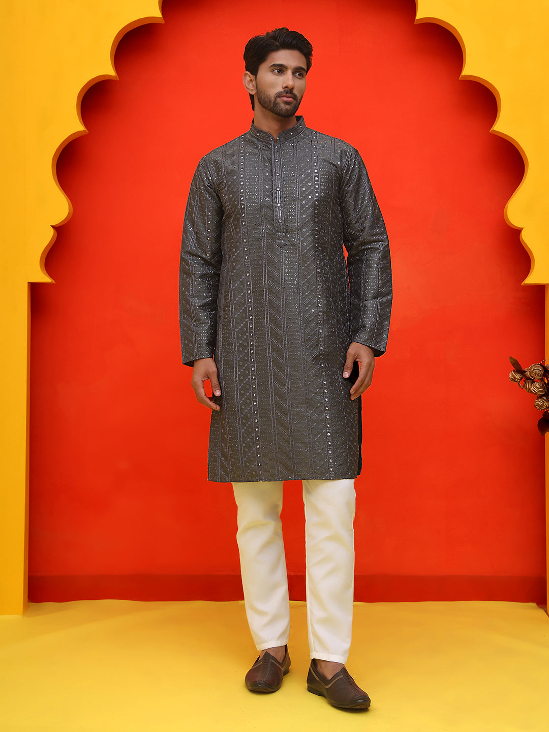 Embroidered straight Kurta Set For Men ( JOKP P 5225 Grey )