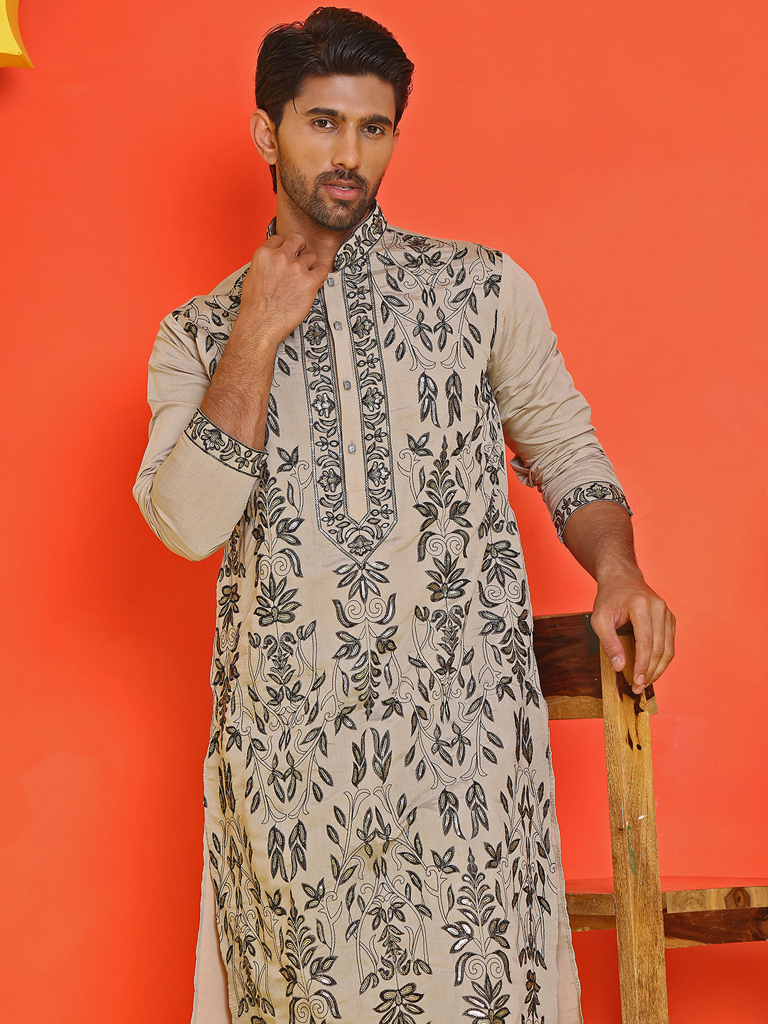 Embroidered & Sequins Kurta Set For Men ( JOKP B-P 5226 Beige )