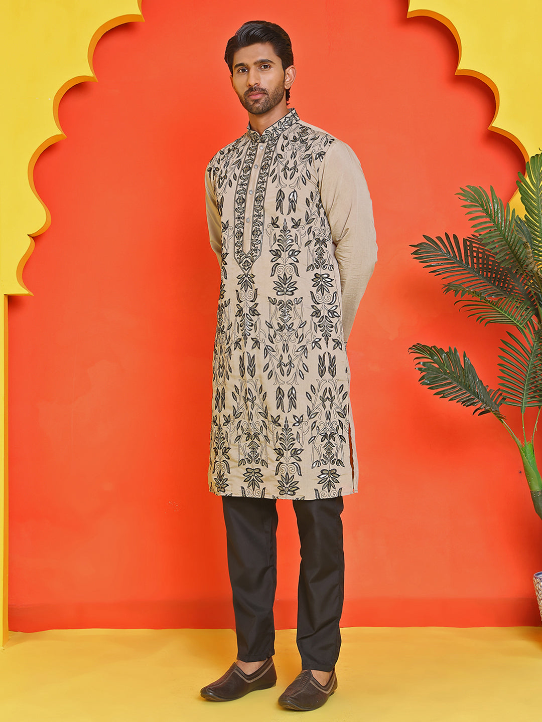 Embroidered & Sequins Kurta Set For Men ( JOKP B-P 5226 Beige )