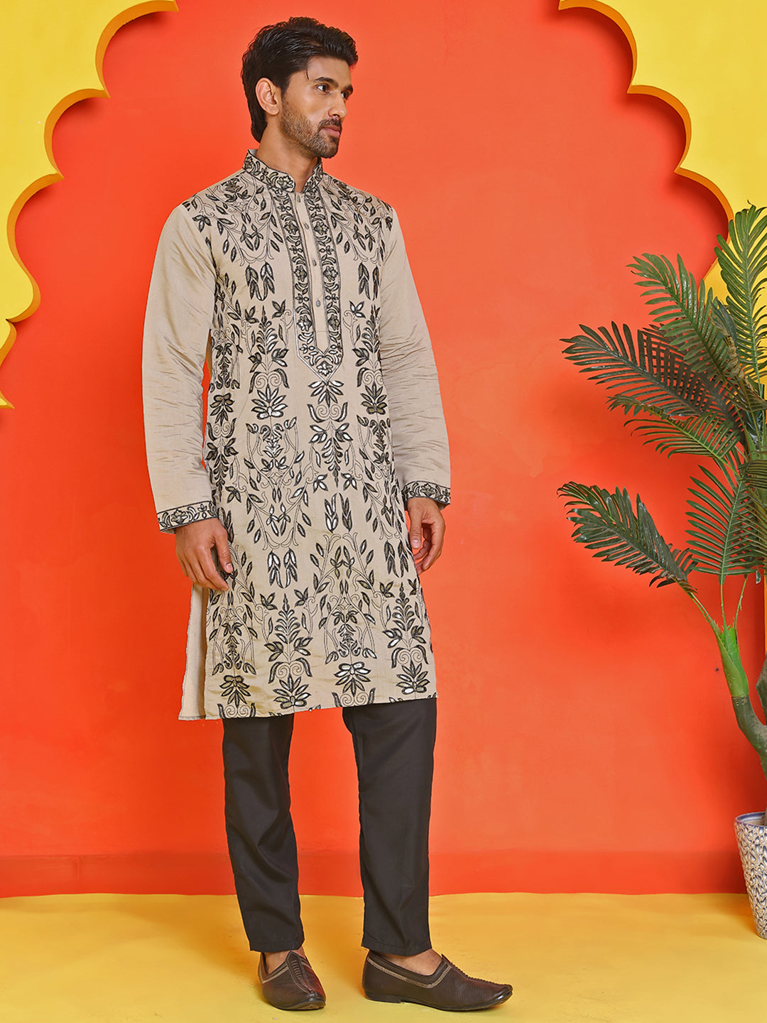Embroidered & Sequins Kurta Set For Men ( JOKP B-P 5226 Beige )